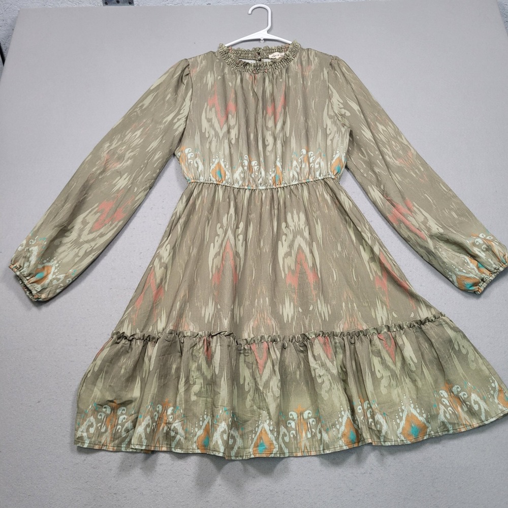 Lime & Chili Women Long Sleeve Ikat Print Ruffle Hem Mini Dress Olive Small